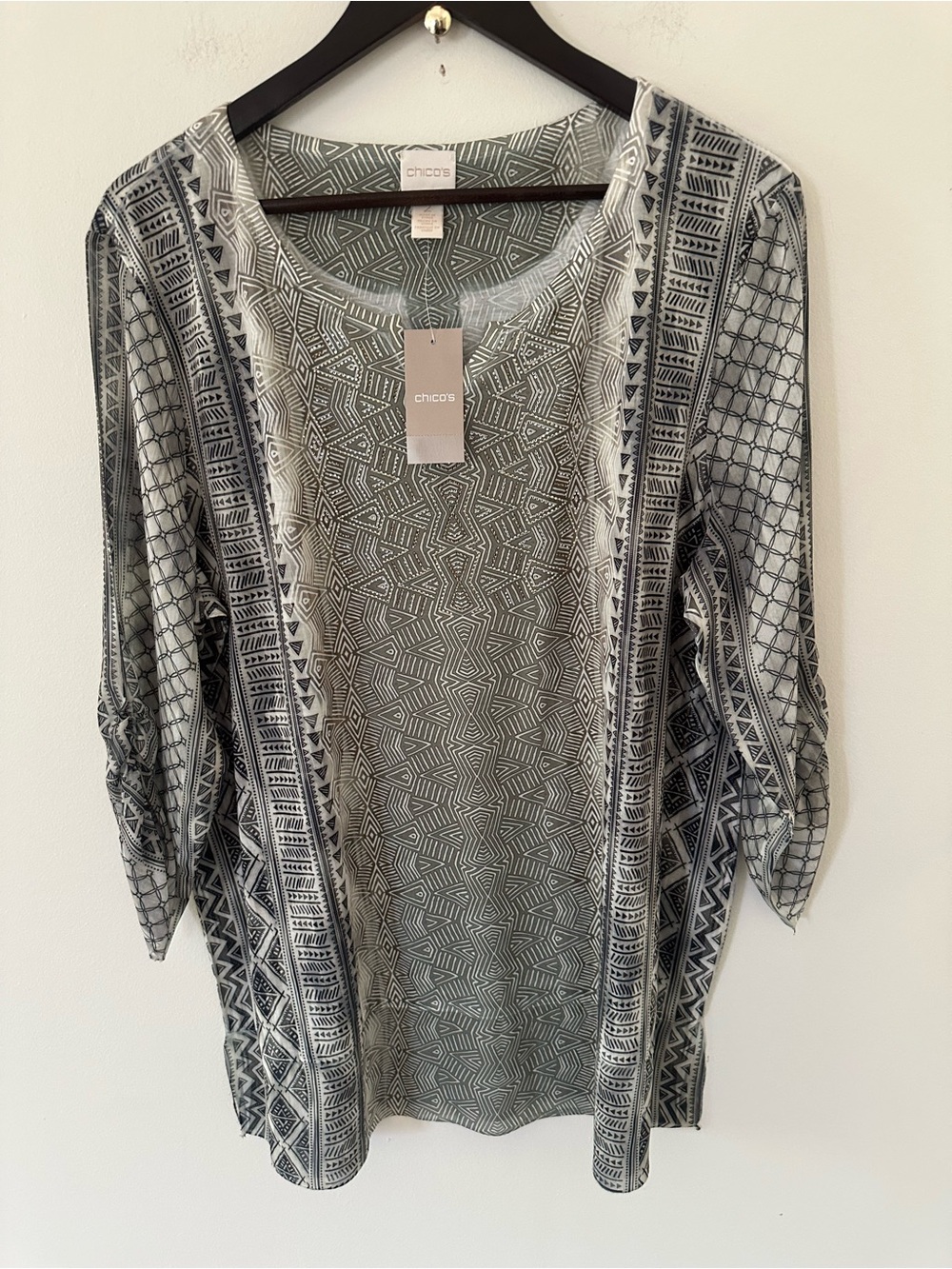 Chicos Crystal Green Gray Chiffon Embellished 3/4 Sleeve Top S 2